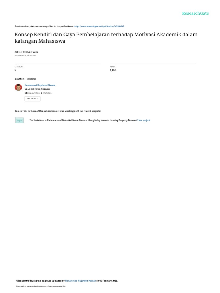 Konsep Kendiridan Gaya Pembelajaranterhadap Motivasi Akademikdalamkalangan Mahasiswa Pdf