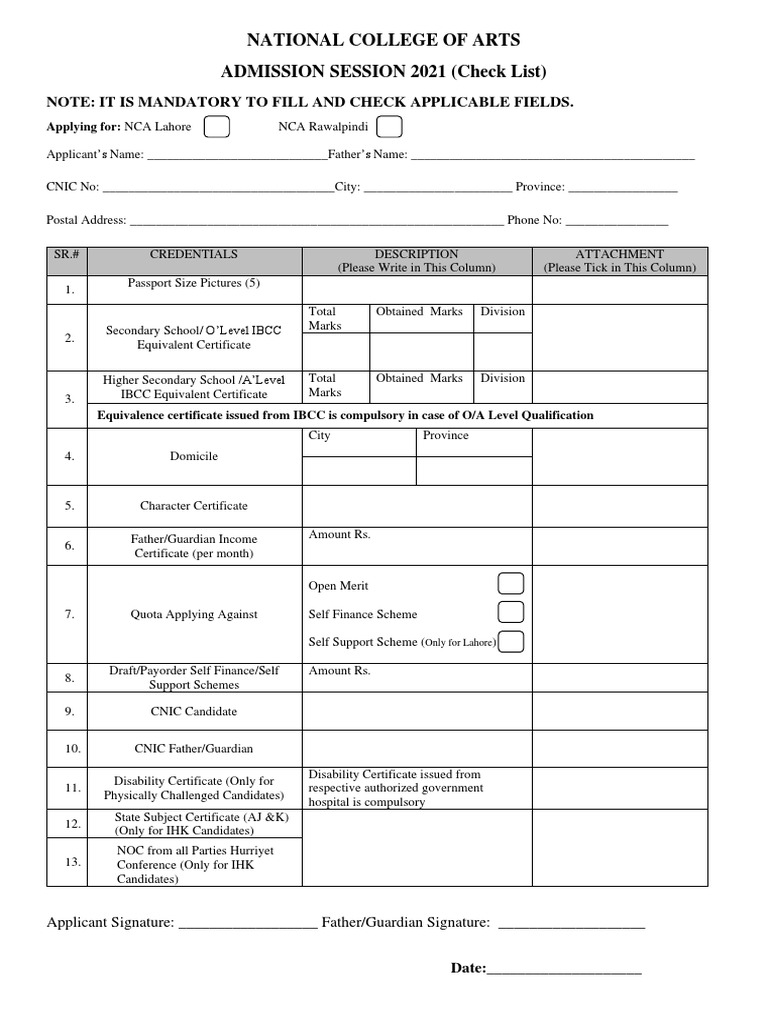 National College of Arts ADMISSION SESSION 2021 (Check List) | PDF ...