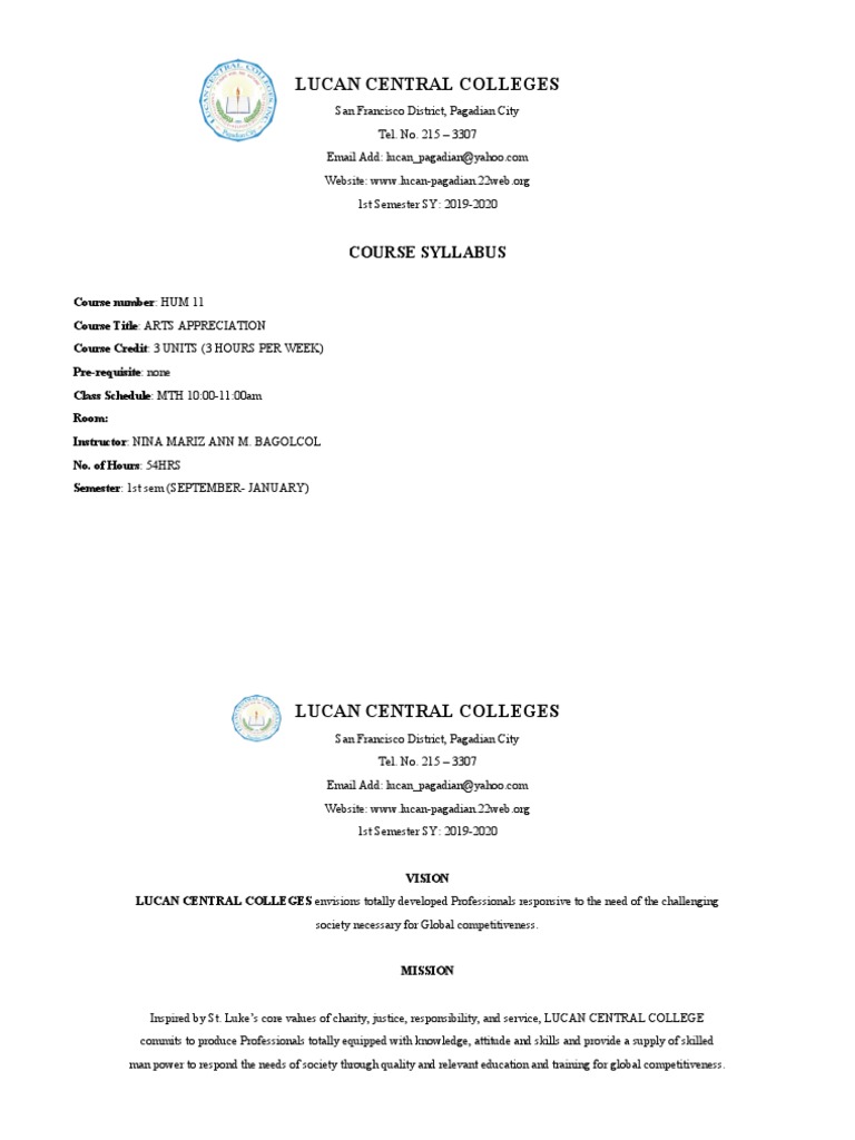 Lucan Central Colleges Course Syllabus Pdf Learning Educational