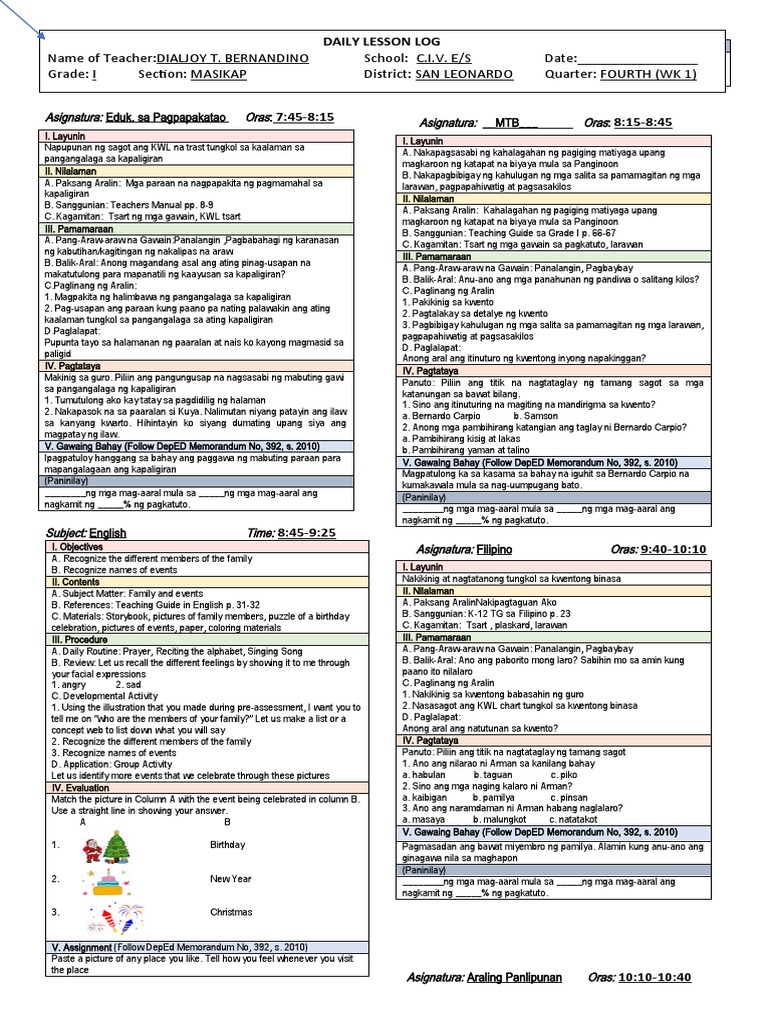 DLL Grade 1 4th Quarter PDF
