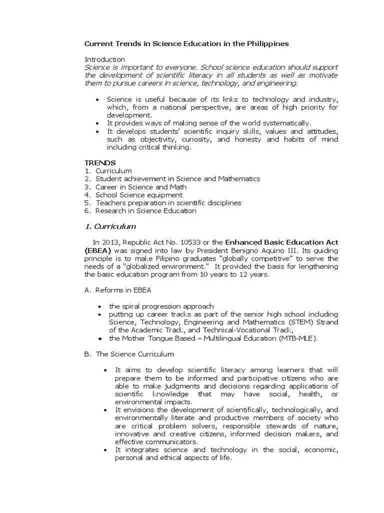 Current Trends in Science Education in The Philippines PDF Science
