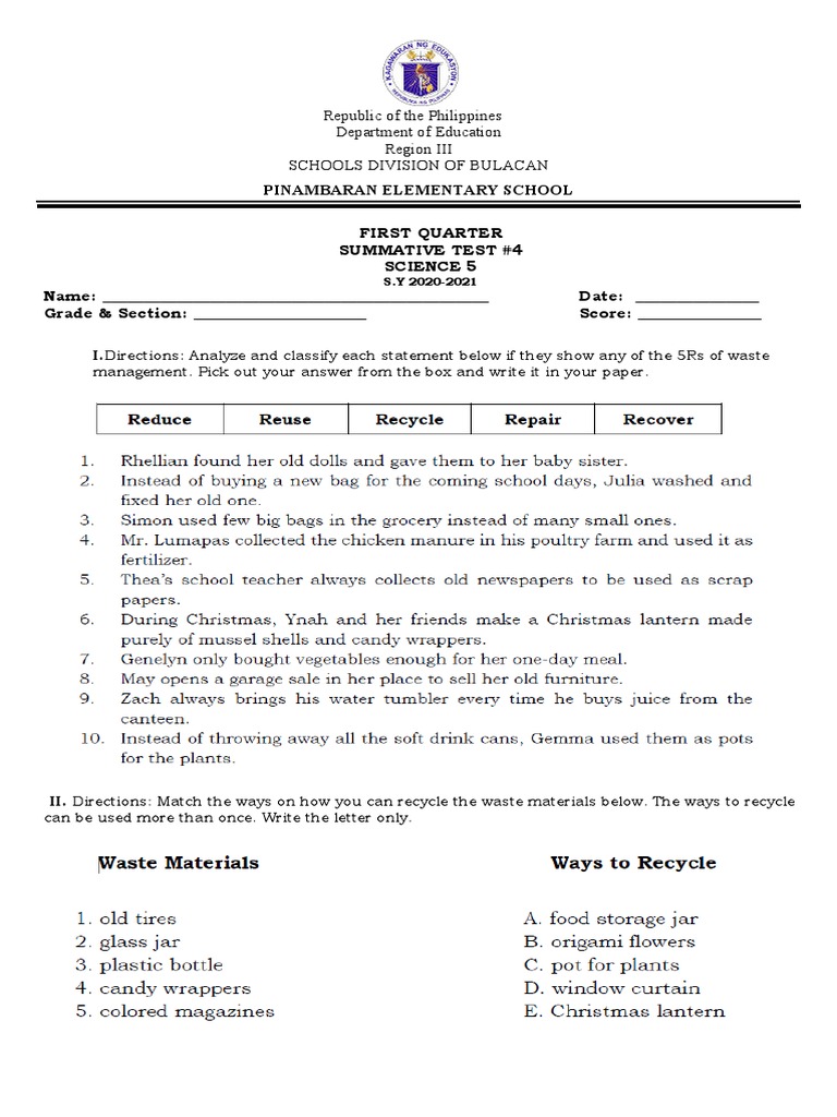 4th Summative Test in Science 5 | PDF | Recycling | Waste