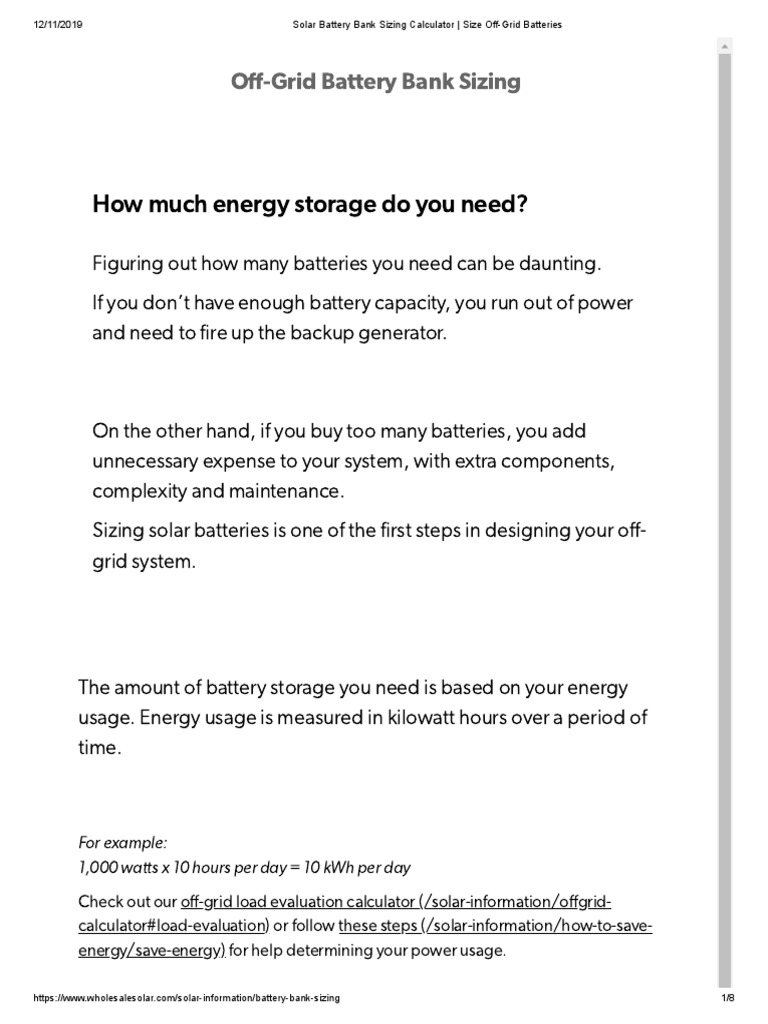 Solar Battery Bank Sizing Calculator Size OffGrid Batteries PDF