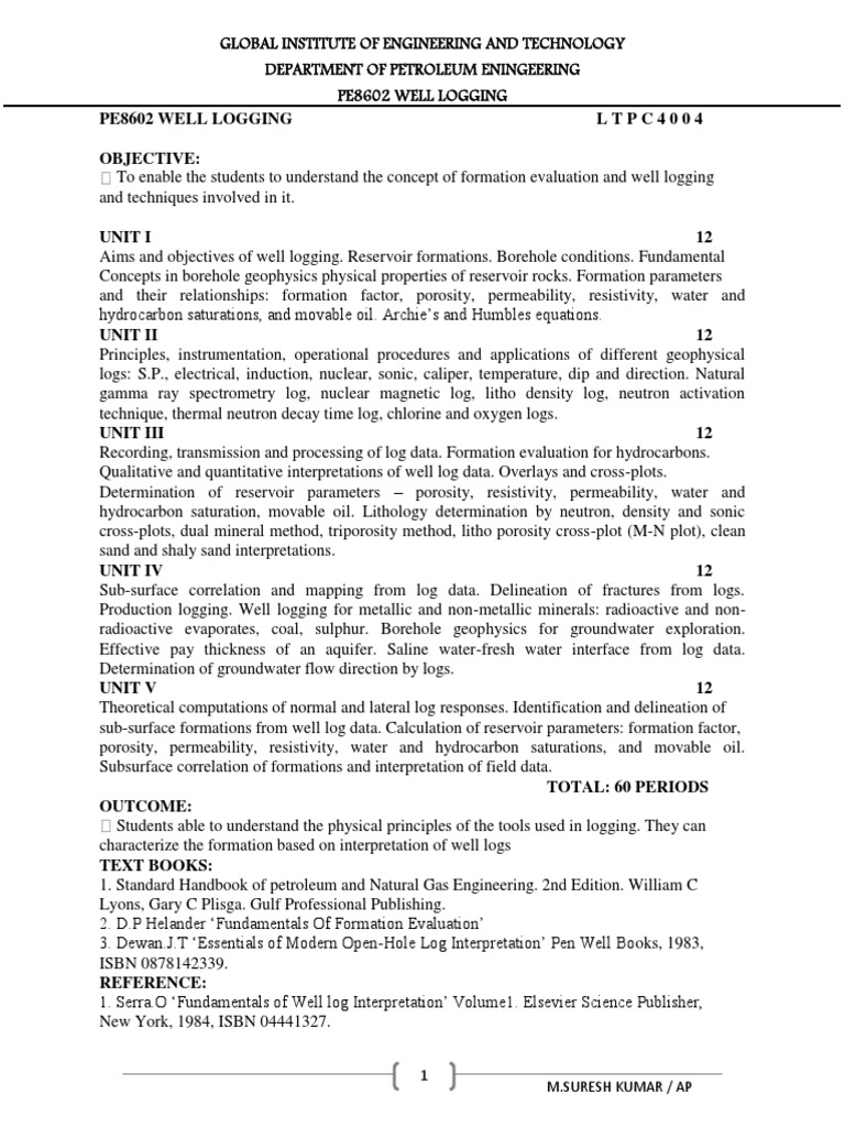 Pe8602-Well Logging, PDF, Petroleum Reservoir