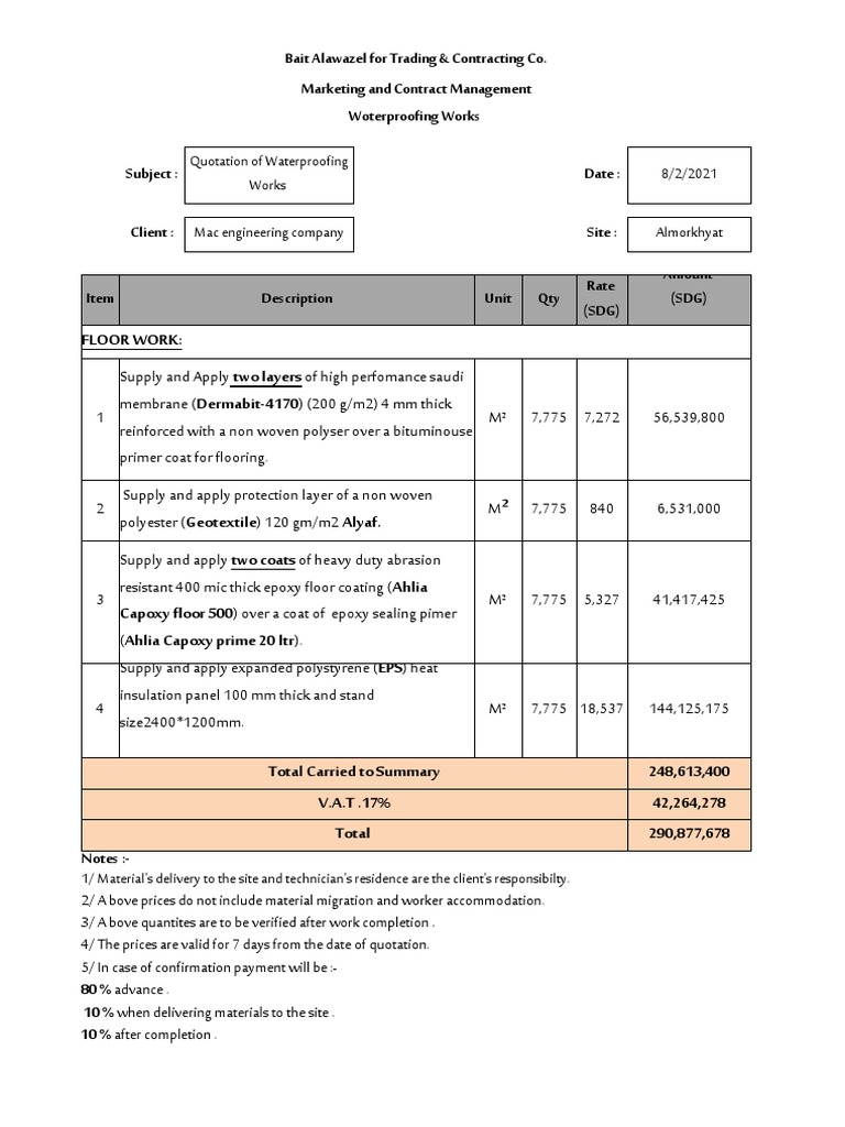 Floor Work:: 8/2/2021 Almorkhyat Quotation of Waterproofing Works | PDF ...