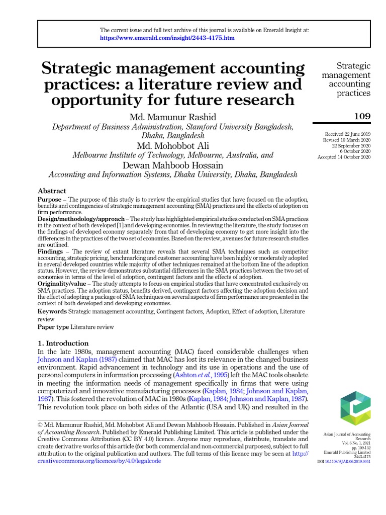 Strategic Management Accounting Practices: A Literature Review and ...