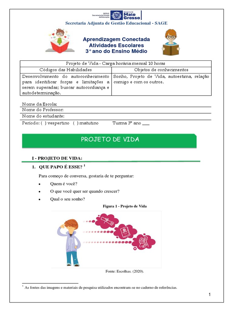 Agosto - 3º - Ano - Projeto de Vida | PDF | Autoestima | Vida