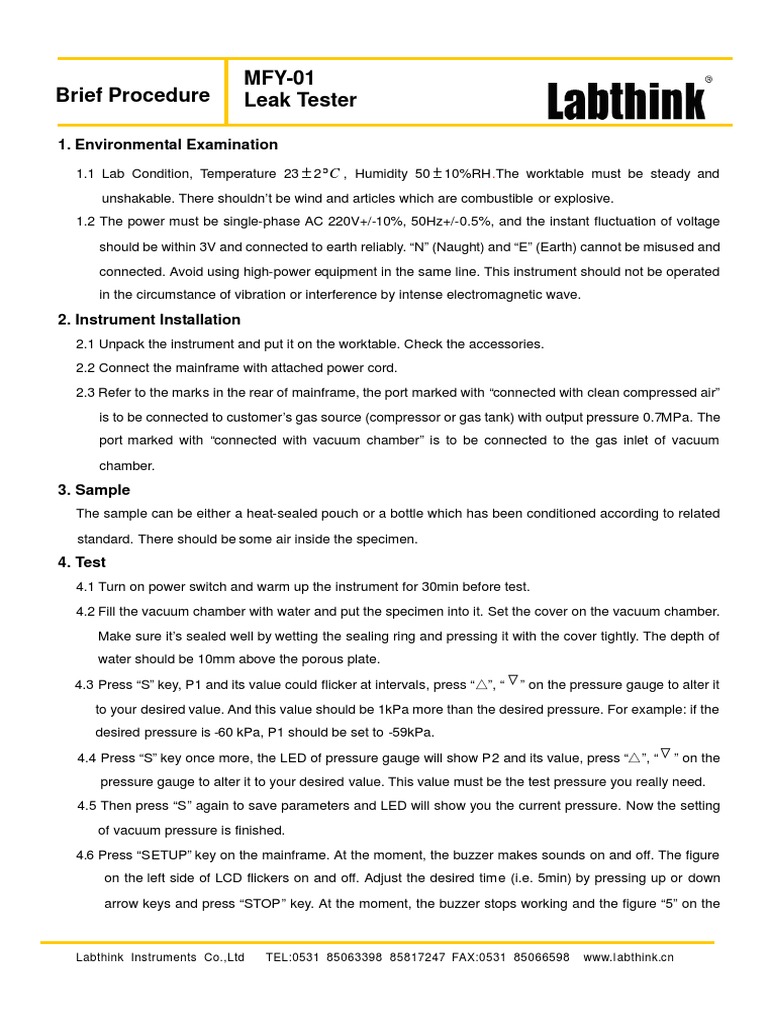 MFY-01 Leak Tester Setup Guide | PDF | Vacuum | Pressure Measurement
