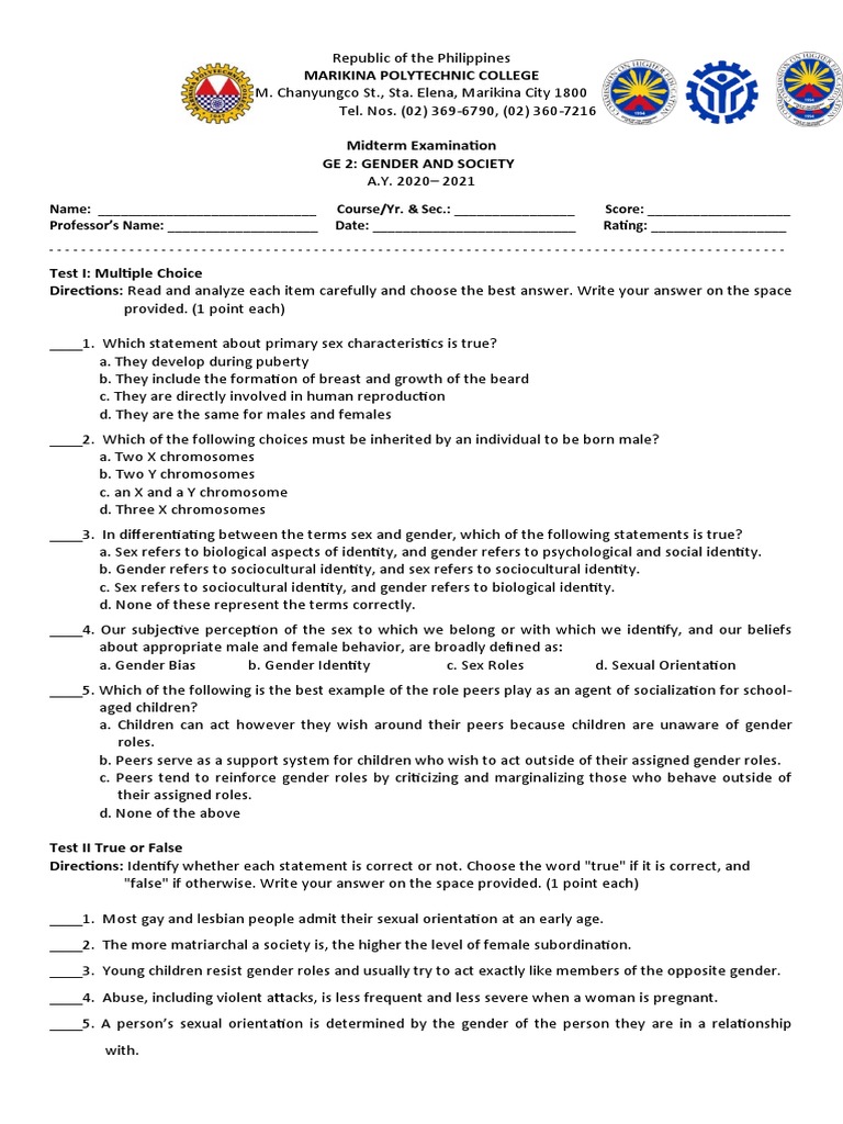 Midterm Exam: Gender and Society | PDF | Gender Studies | Gender
