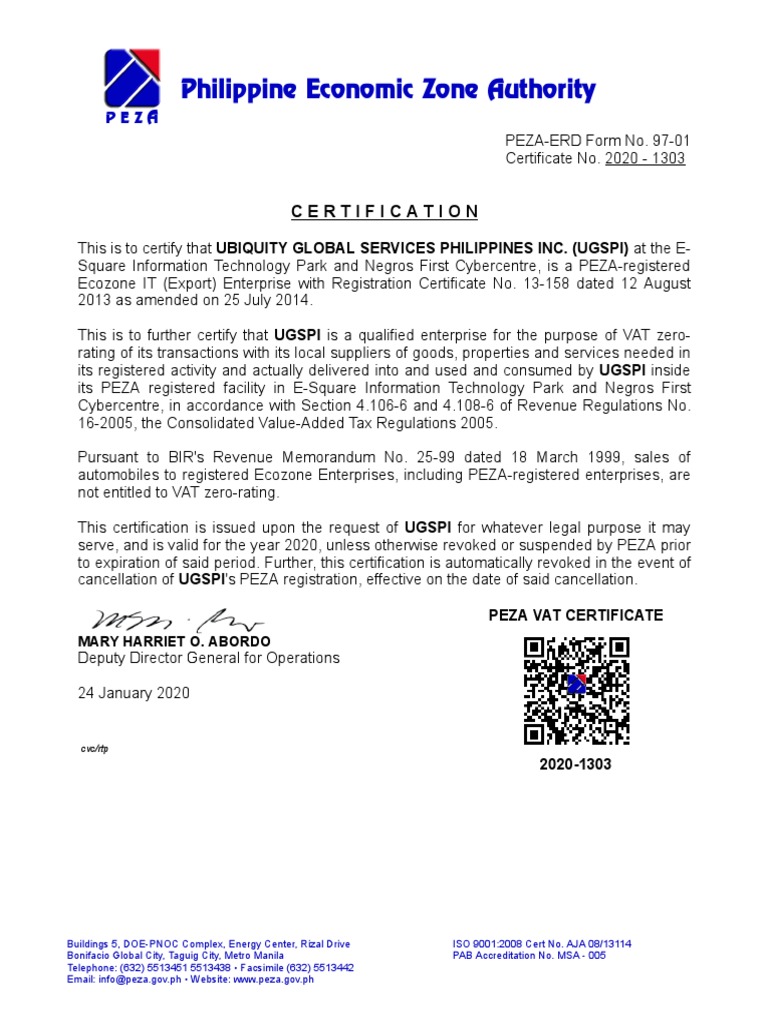 PEZA VAT Zero Rating Certification 2020 | PDF | Finance & Money Management
