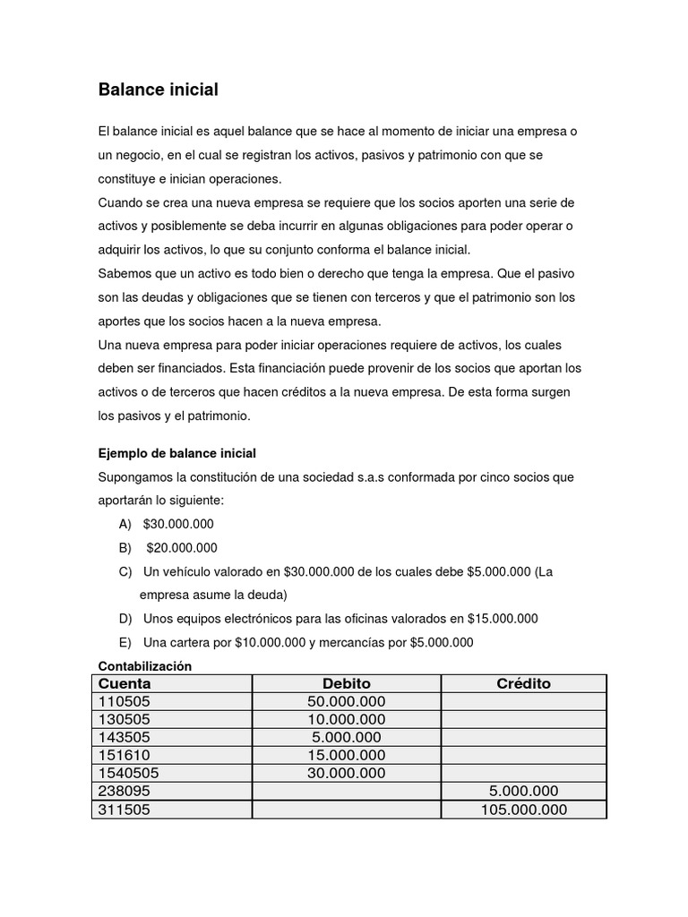 Ejemplo de Balance Inicial para Empresas | PDF | Hoja de balance | Dinero