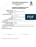 Recibo pagamento prebenda pastoral Igreja Evangelho Quadrangular