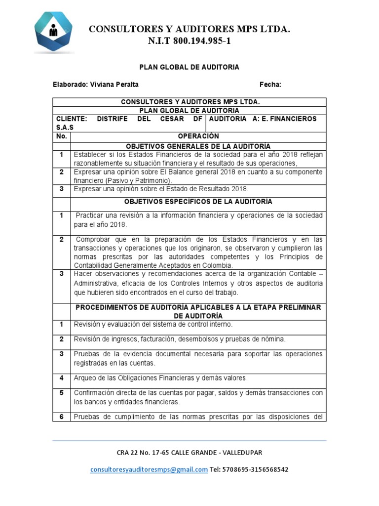 Plan Global de Auditoría Financiera | PDF | Auditoría | Contabilidad