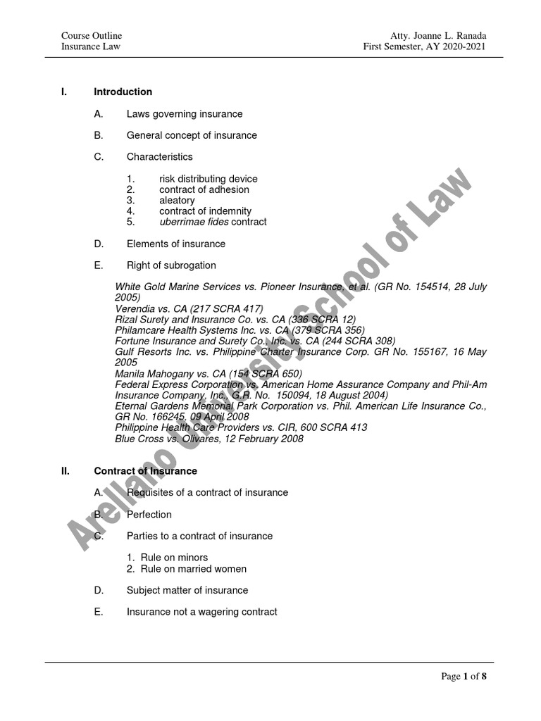 Insurance Law Course Outline | PDF | Insurance | Liability Insurance