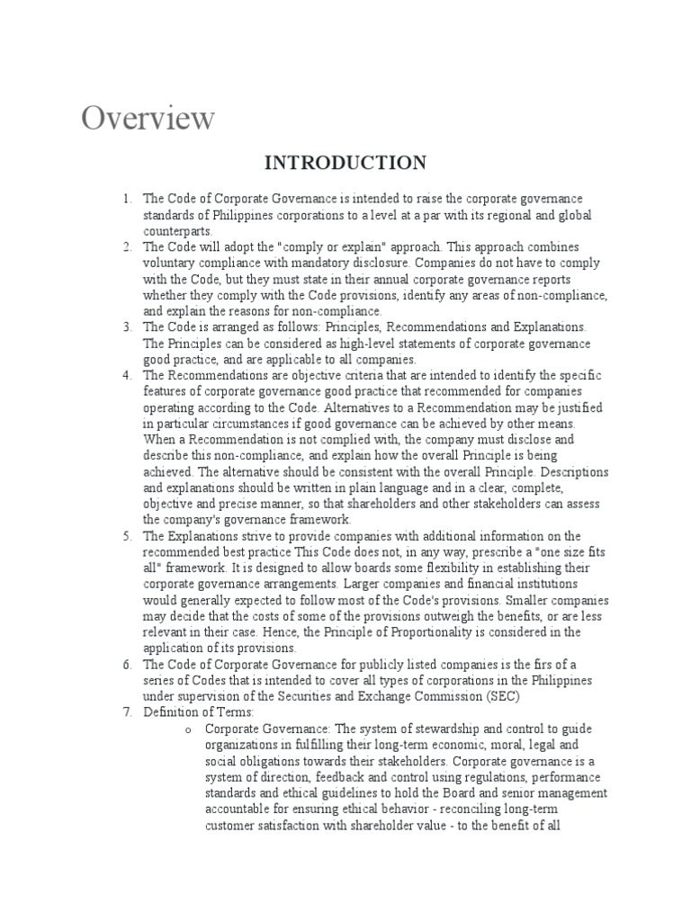 Overview | PDF | Corporate Governance | Governance