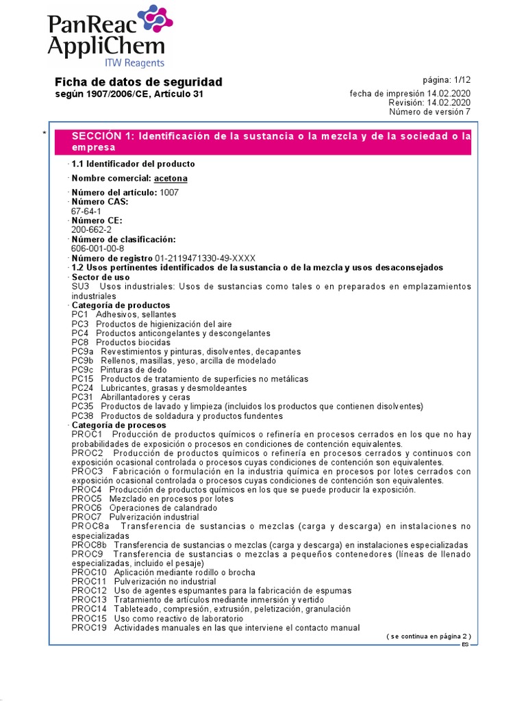 Ficha de Seguridad de Acetona Panreac | PDF | Residuos | Agua