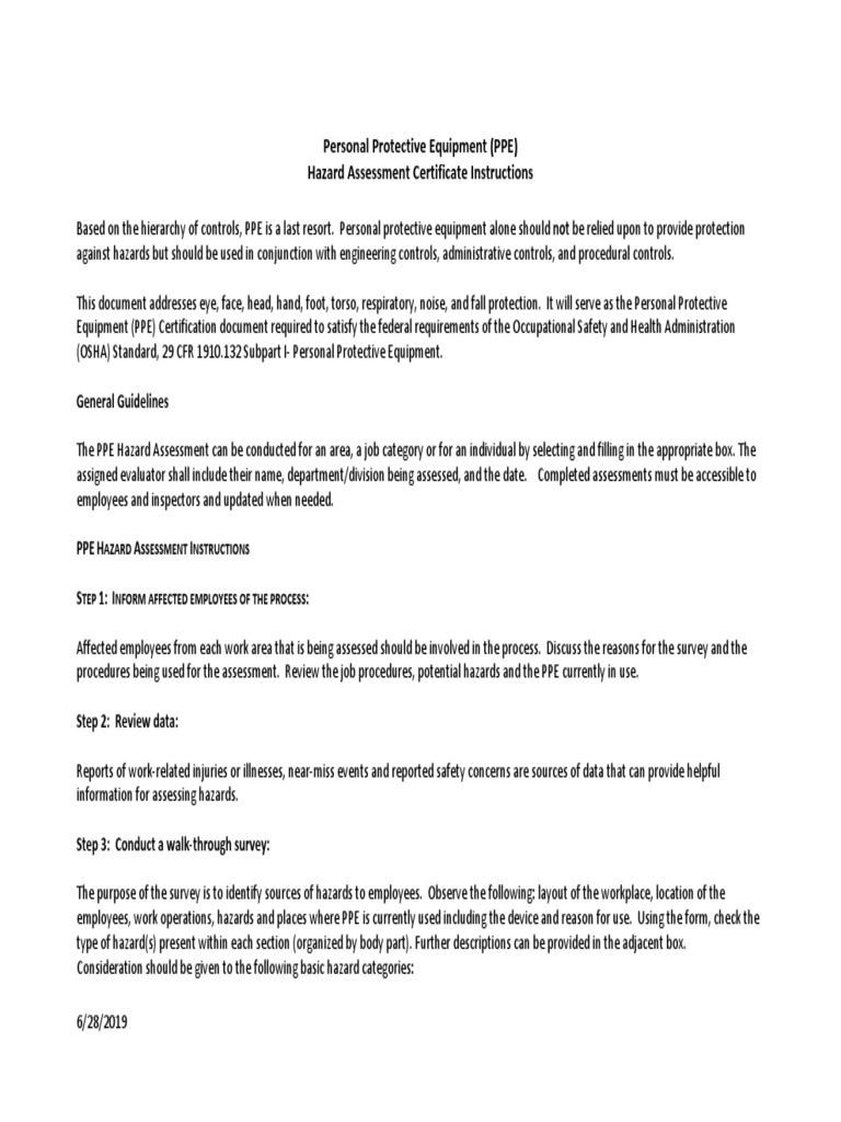 PPE Hazard Assessment Certification Form | PDF | Personal Protective ...