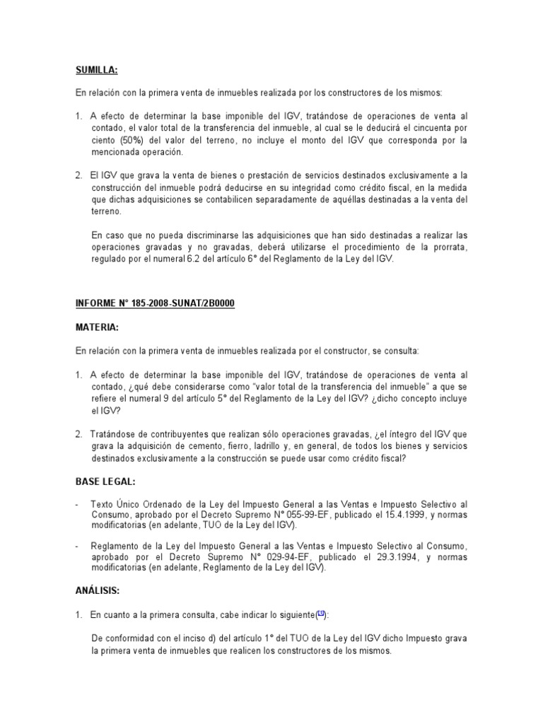Informe Sunat - Tratamiento Del Igv | PDF | Impuestos | Regulación