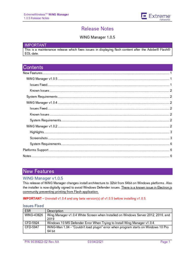 WiNG Manager 1.0.5 Release Notes | PDF | Adobe Flash | Windows 10