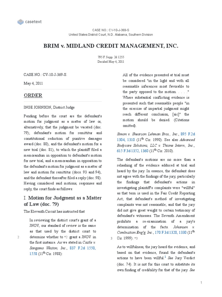Brim V Midland Credit Management Inc Pdf Punitive Damages Damages