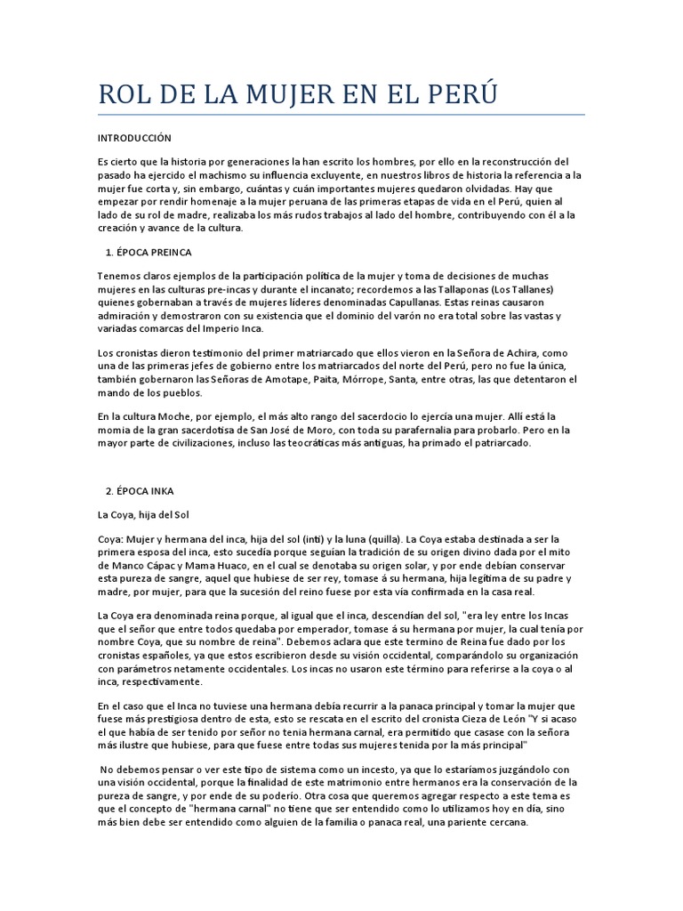 Rol de La Mujer en El Perú | PDF | Imperio Inca | Mujer