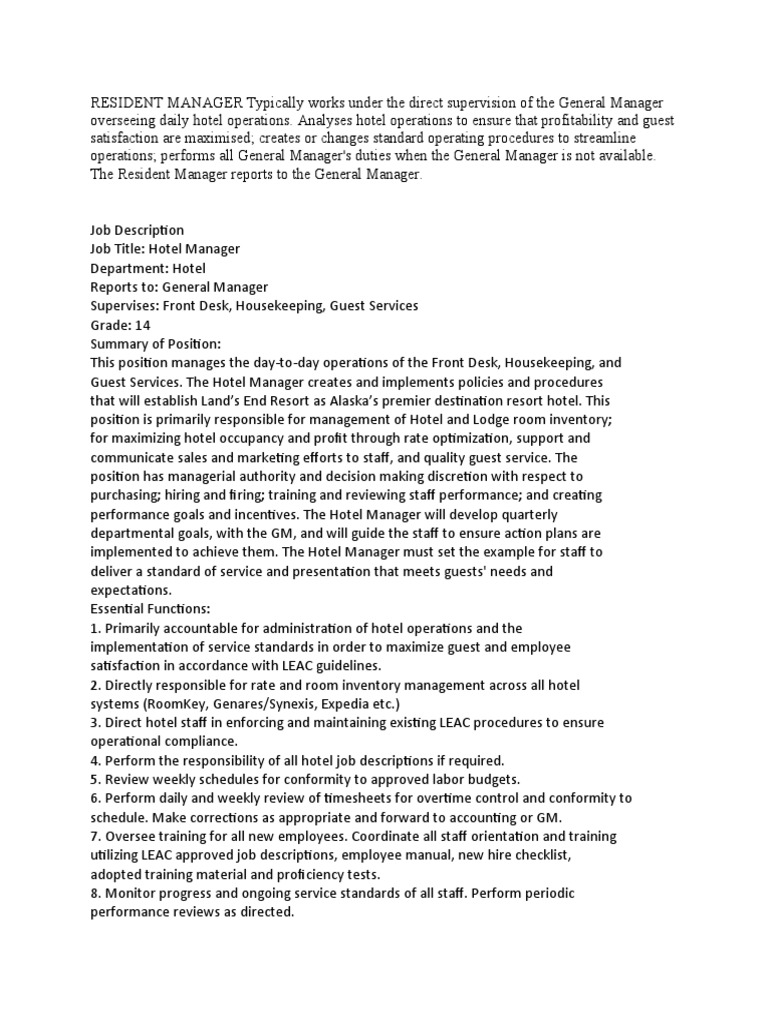 Resident Manager PDF Employment Hotel