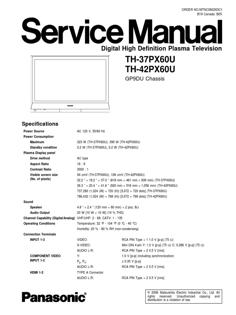 Panasonic Th37px60u Th42px60u CH Gp9du PDF Electrostatic