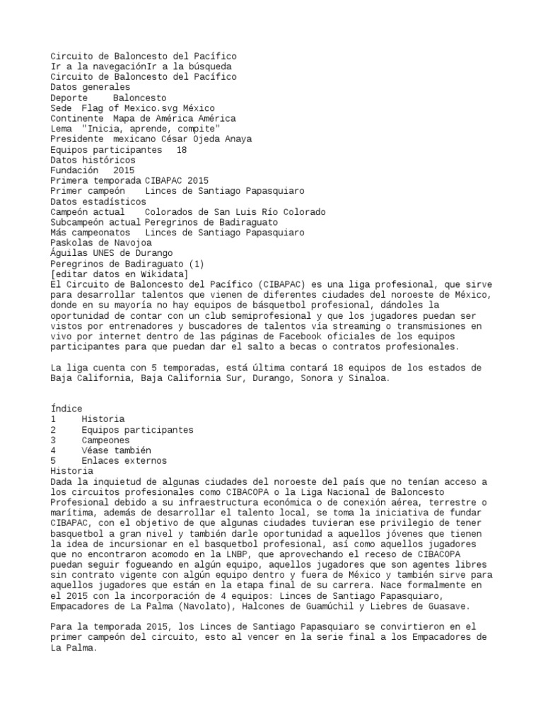 Circuito de Baloncesto Del Pacífico PDF Deportes