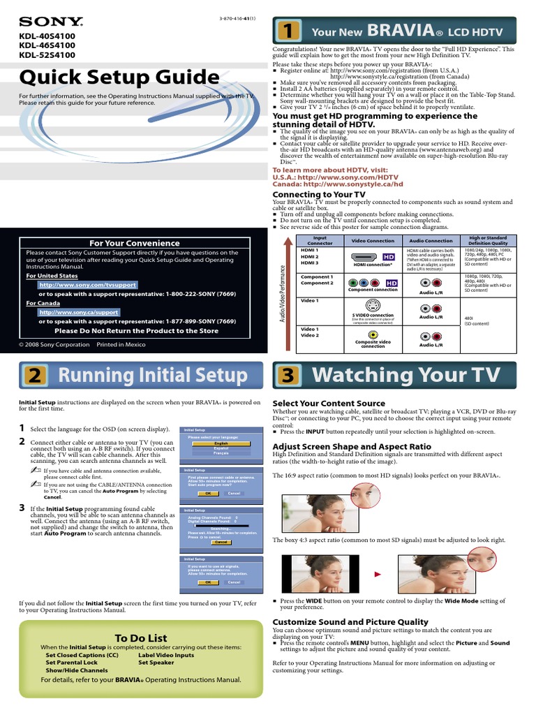 KDL40S4100 Quick Setup Guide PDF Hdmi Cable Television