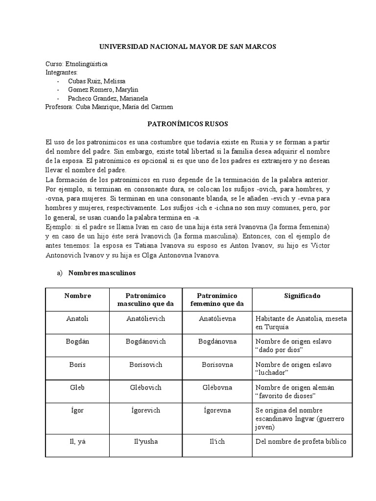 Patronímicos Rusos PDF Eslavos Lingüística