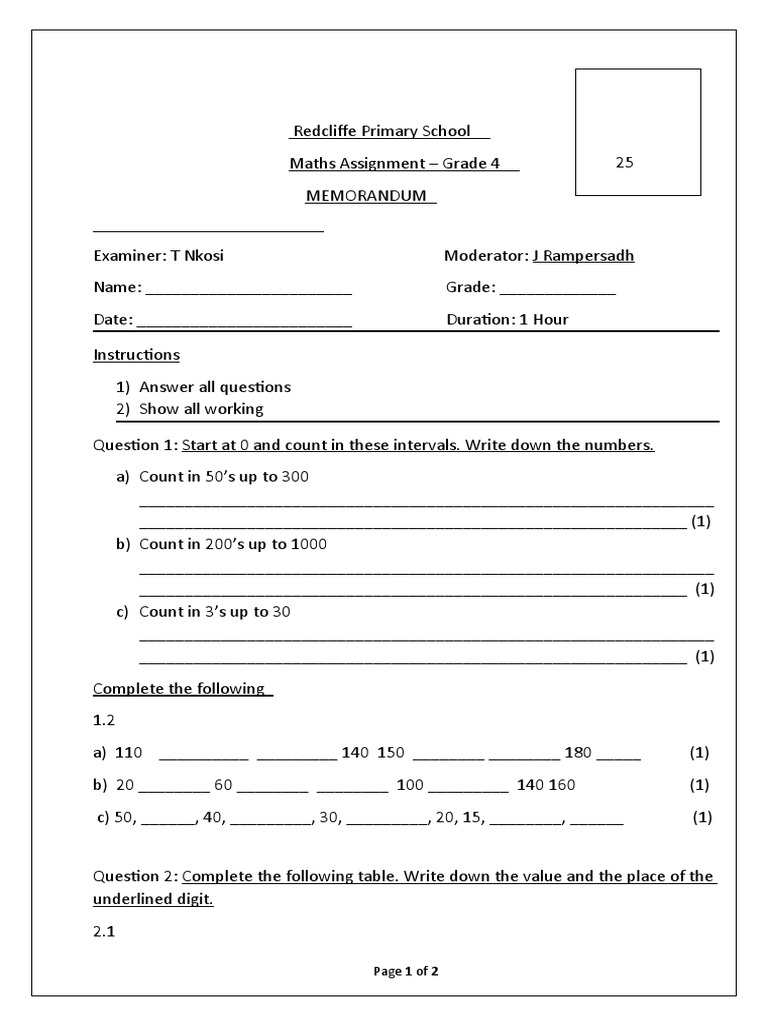 Grade 4 Maths Assignment Memorandum | PDF | Mathematics | Notation