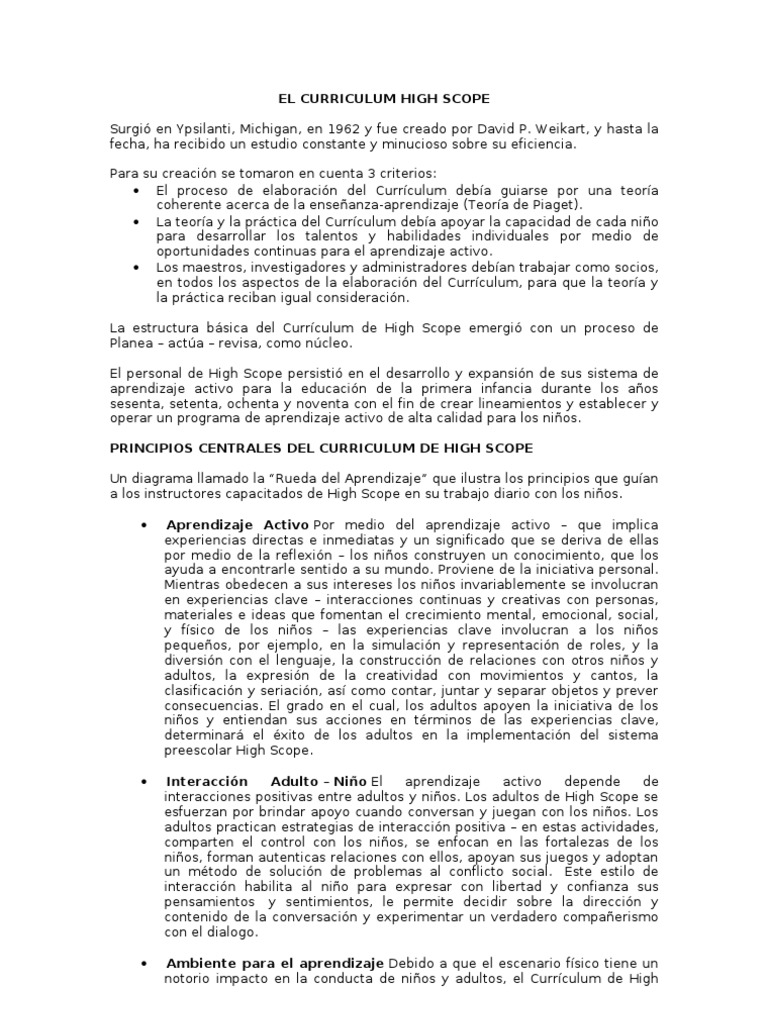 Características del Currículum High Scope | PDF | Adultos | Plan de ...
