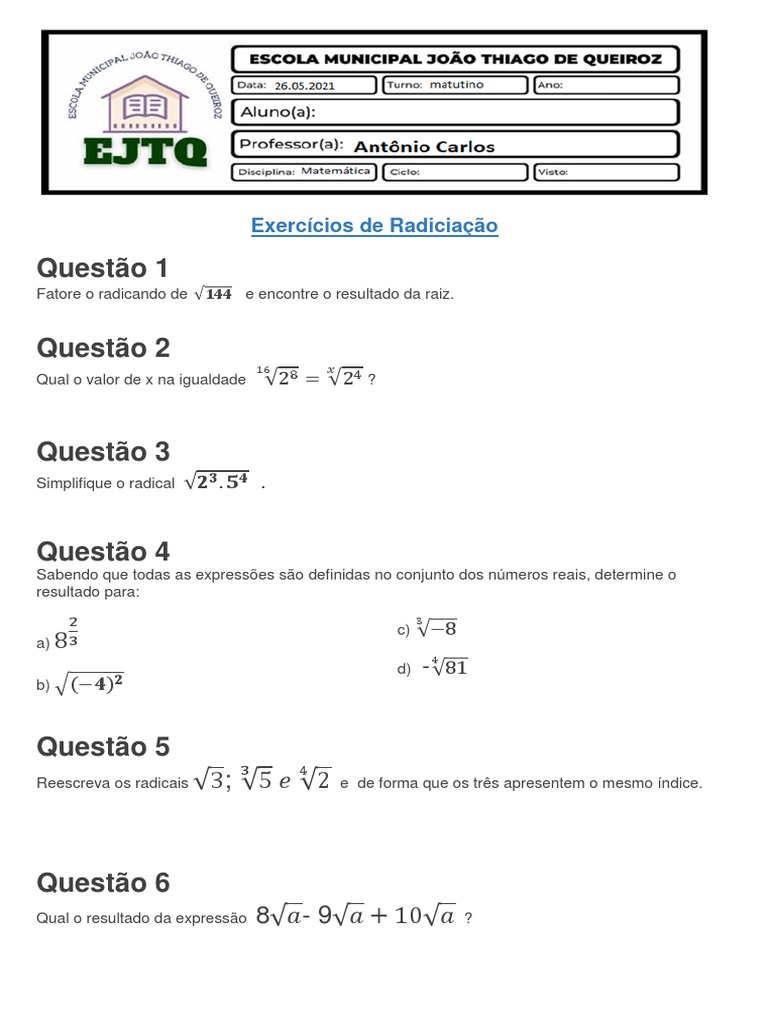 Exercícios de Radiciação 8e9 | PDF