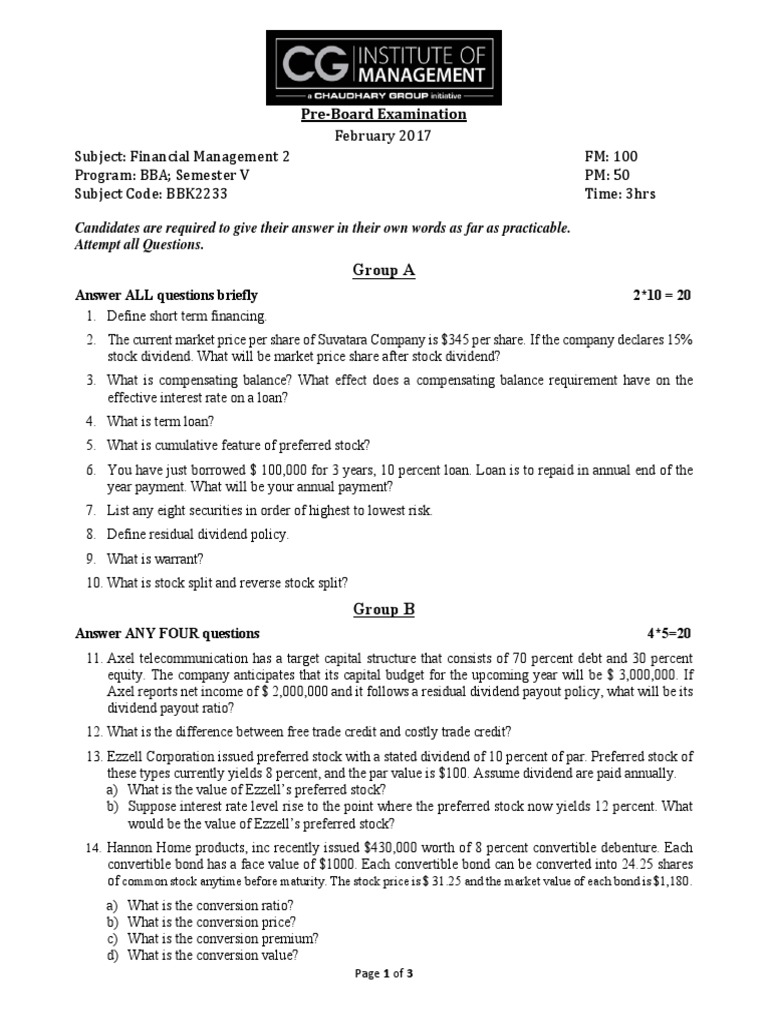 February 2017 Subject Financial Management 2 FM 100 Program BBA