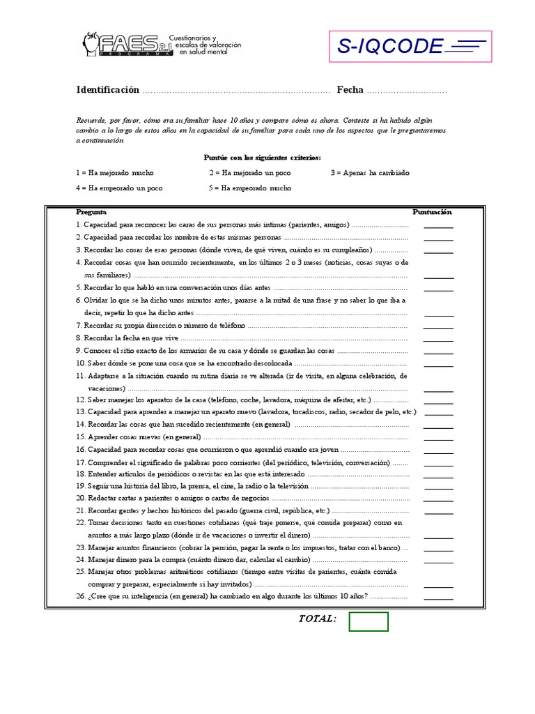 Escala S-IQCODE para Evaluación Cognitiva | PDF | Relaciones personales ...