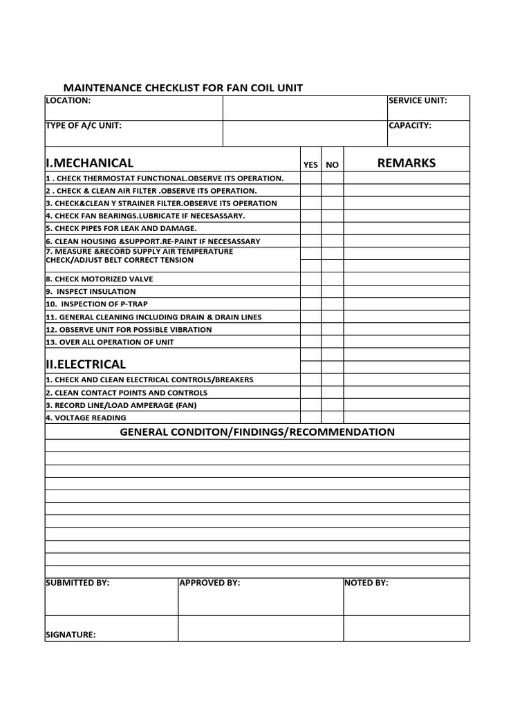 I.Mechanical Remarks Maintenance Checklist For Fan Coil Unit PDF