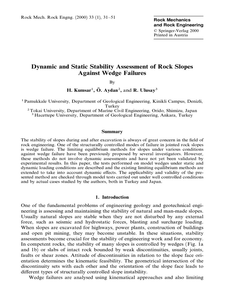 Dynamic and Static Assessment of Rock Slopes Against Wedge Failures ...
