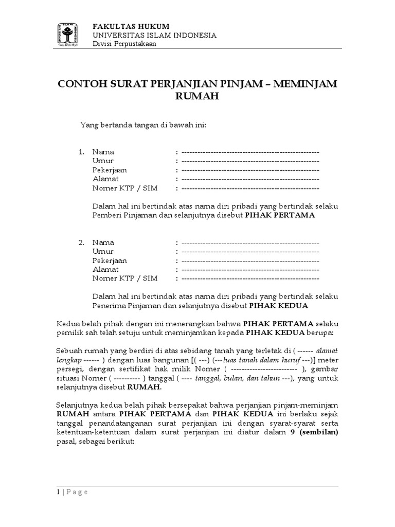 Contoh Surat Perjanjian Jam Meminjam Rumah Fh Uii 1 Pdf