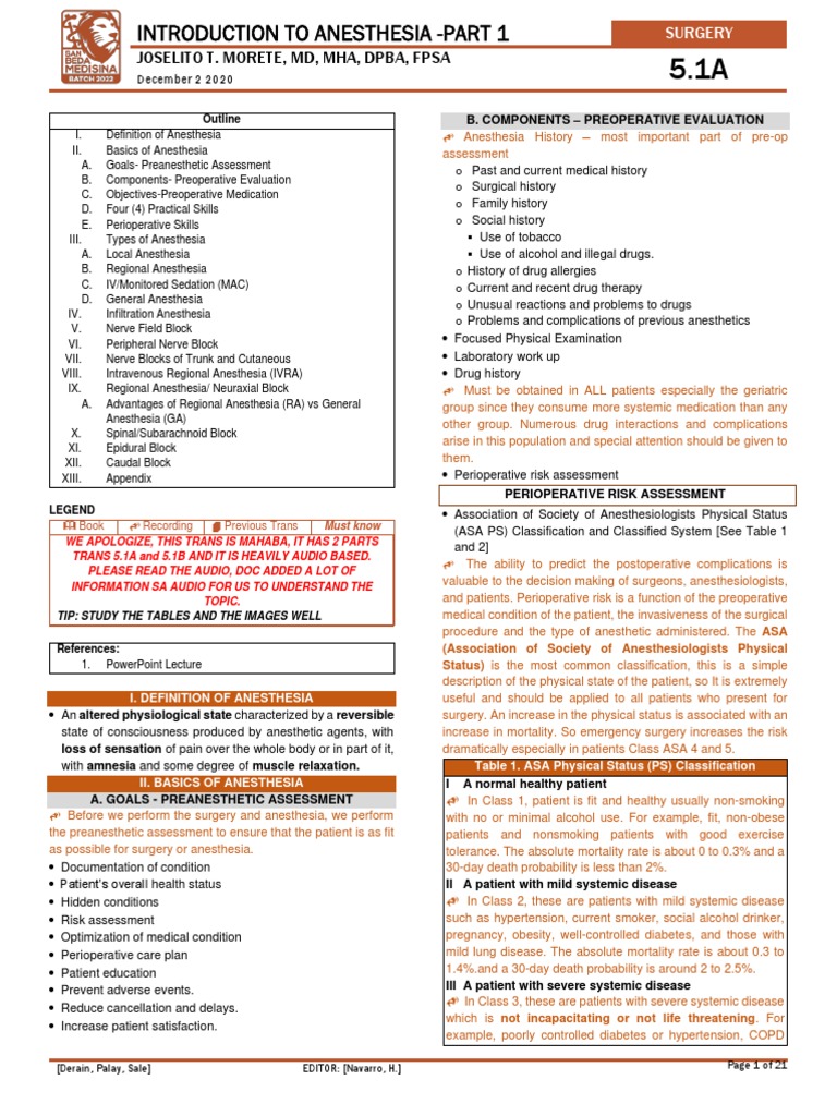 Surg2 5 1a Introduction To Anesthesia Part 1 Pdf Anesthesia