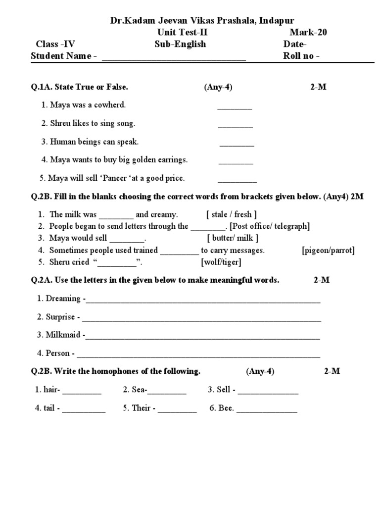 Class 4 English Unit Test Questions | PDF