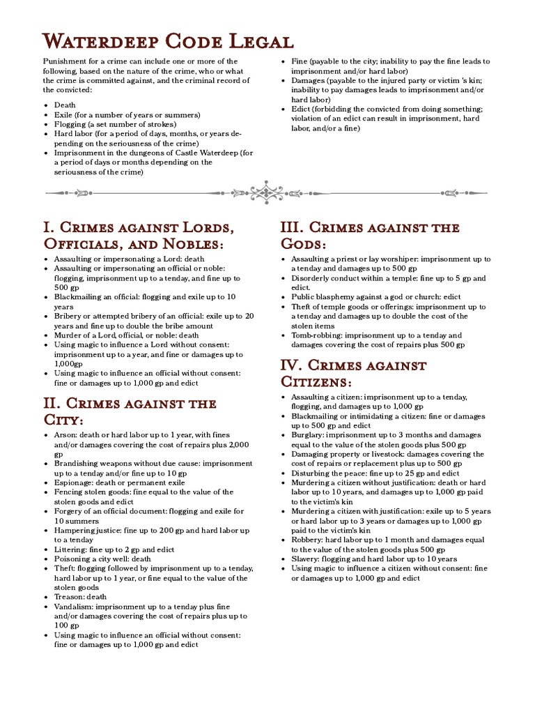 Waterdeep Legal Code Overview | PDF | Crimes | Crime & Violence