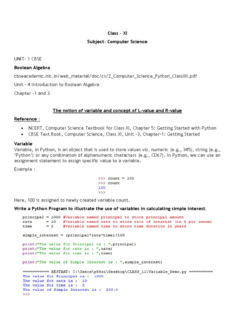 Class - XI Subject: Computer Science | PDF | Parameter (Computer ...