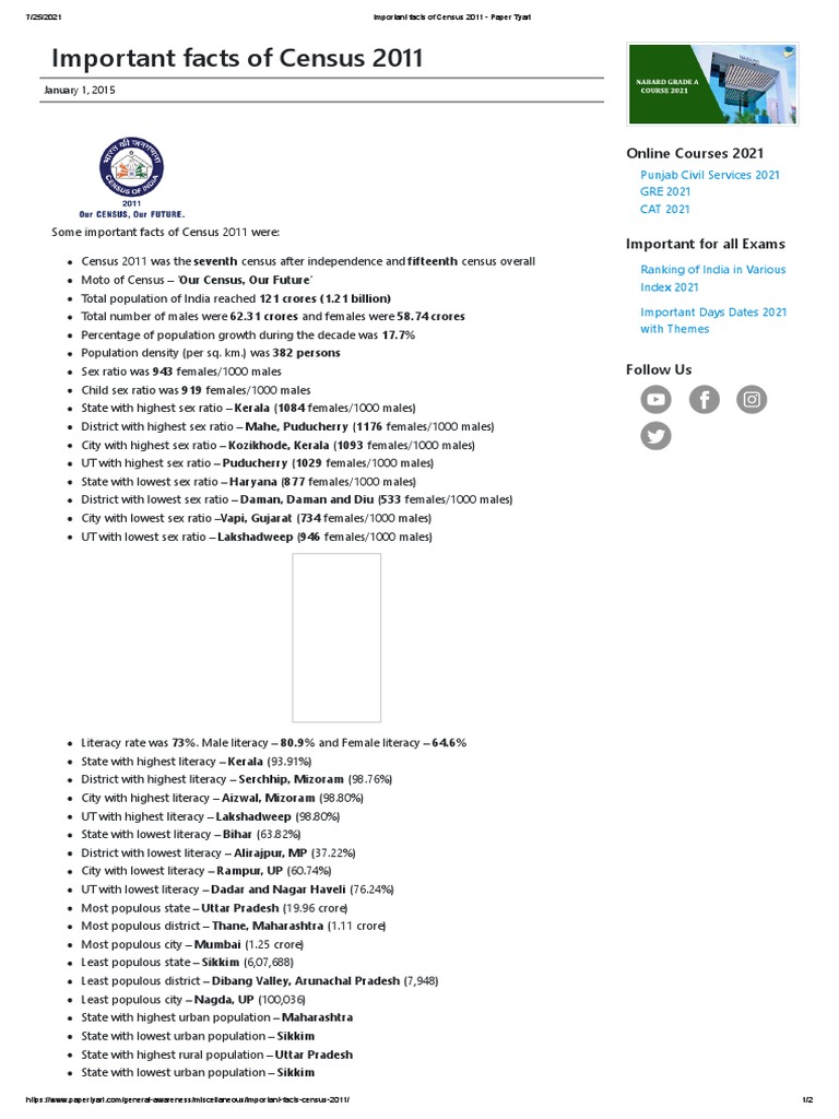 Important Facts of Census 2011 - Paper Tyari | PDF | Asia | South Asia