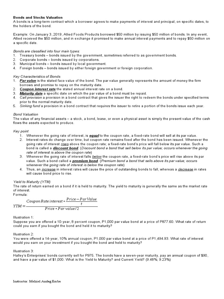 Bonds and Stocks Valuation Guide | PDF | Bonds (Finance) | Yield (Finance)
