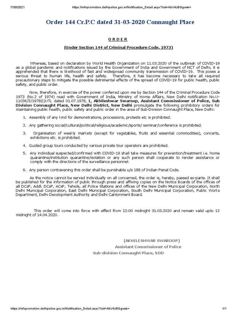 Order 144 CR.P.C Dated 31-03-2020 Connaught Place: Order (Under Section ...