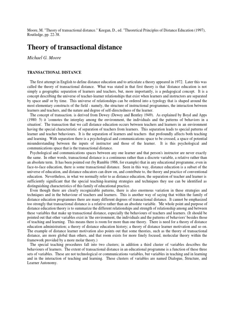 Moore & Kearsley (2005) Theory of Transactional Distance Theoretical