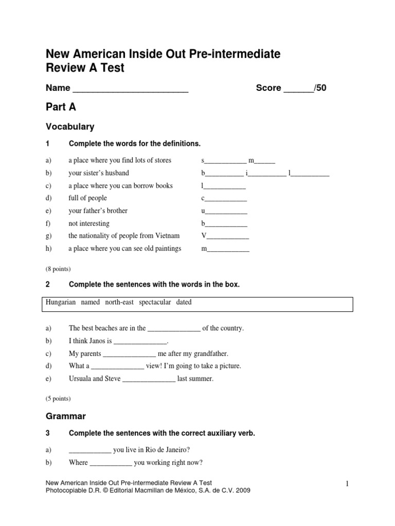 New American Inside Out Pre-Intermediate Review A Test | PDF ...