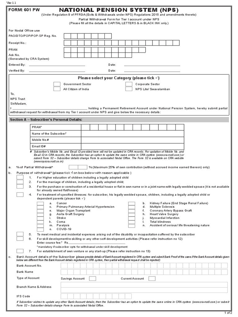 Form 601-Partial Withdrawal Under NPS | PDF | Banks | Clinical Medicine