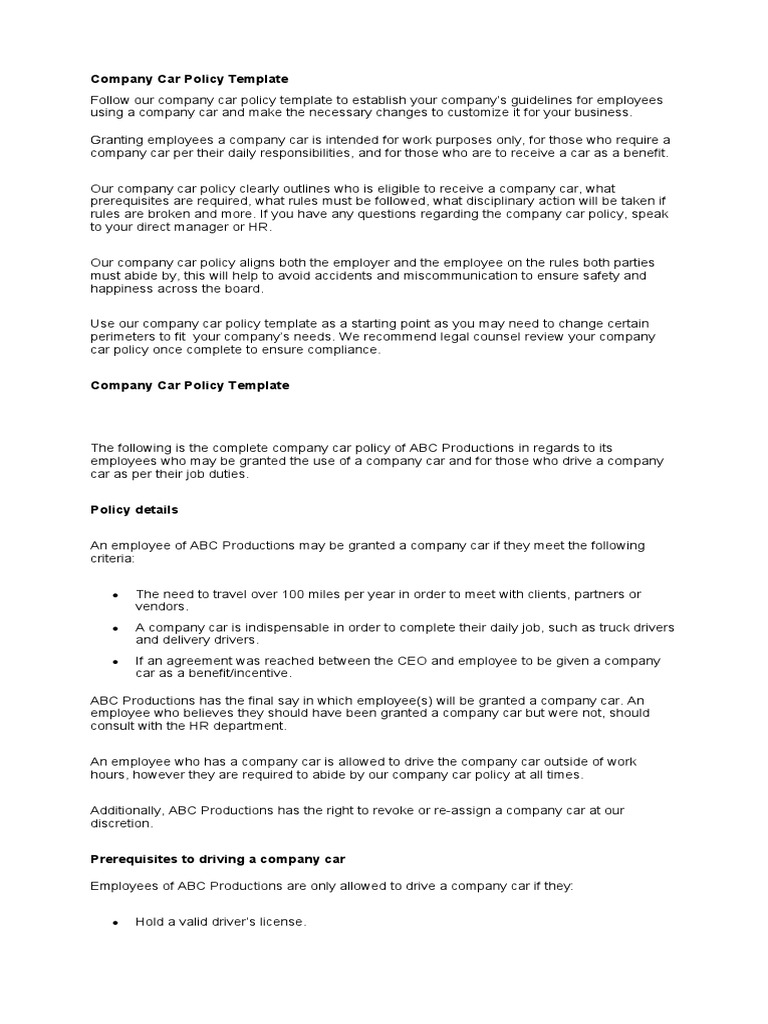 Company Car Policy Template PDF Driving Employment