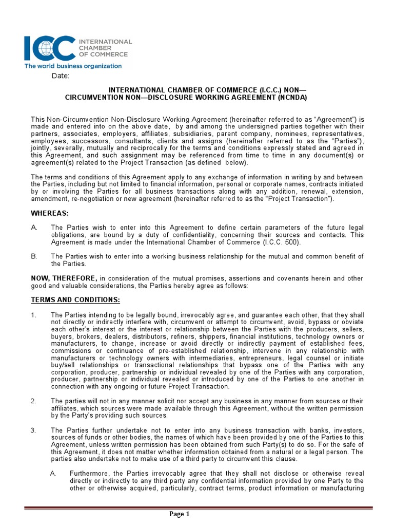 Date:: International Chamber of Commerce (I C C ) Non Circumvention